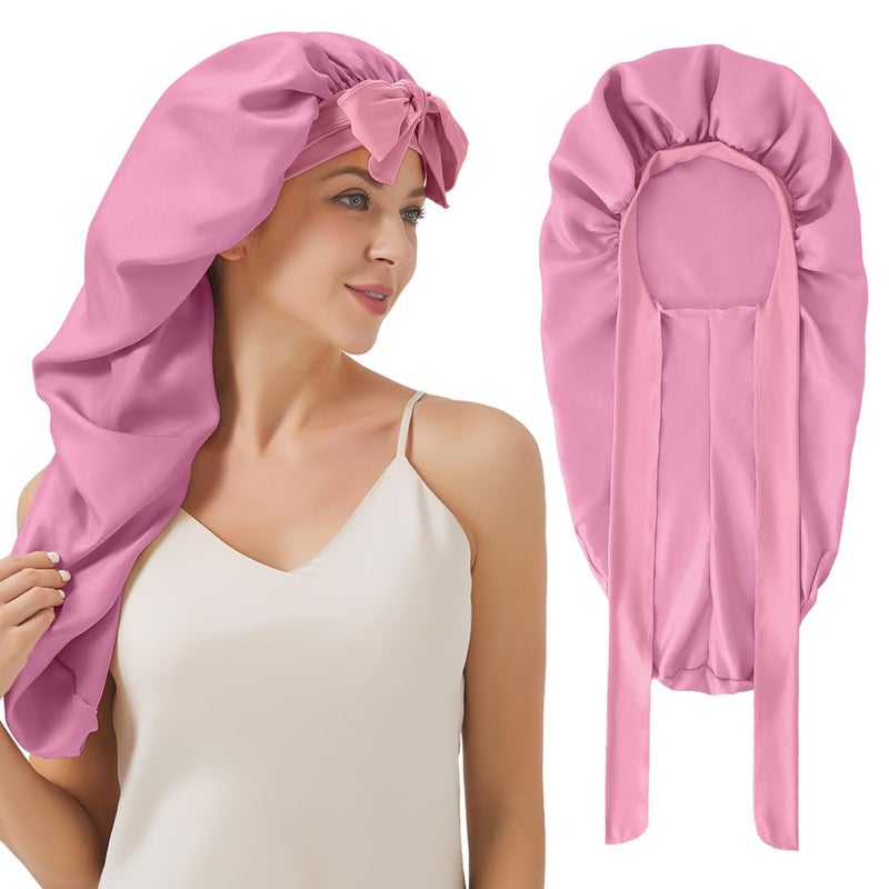Supaze Long Satin Bonnet For Sleeping, Satin Lined Braid Bonnet With Elastic Band, Adjustable Long Strap Bonnets For Women Braids(Rose Pink) showercap - Image 1